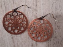 Load image into Gallery viewer, Copper filigree earrings on a wooden surface
