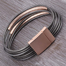 Load image into Gallery viewer, Clasp view of Multilevel Copper Tube Leather Rope Magnetic Buckle Bracelet