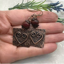Load image into Gallery viewer, Corkys Hammered Spiral Heart Antique Copper Earrings
