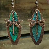Corky's Vintage Copper Dragonfly Carved Green Stone Dangle Earrings