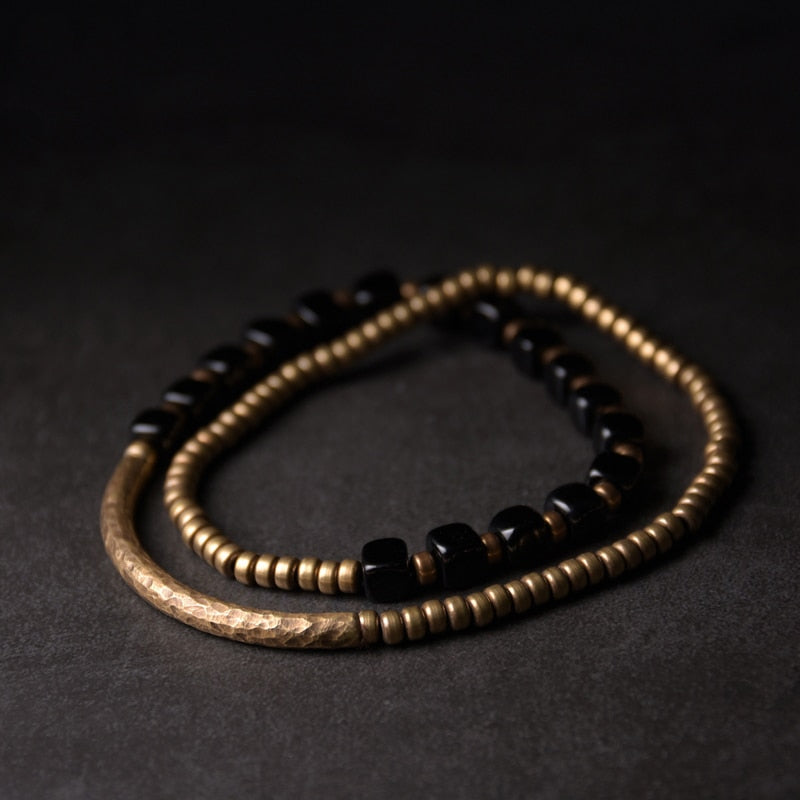 Beaded Cubic Black Onyx Multilayer Hammered Copper Bracelet