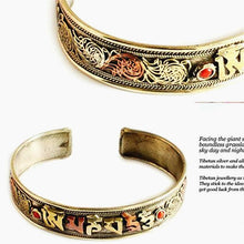 Load image into Gallery viewer, Close up of Tibetan Six Word Mantras Rose Copper Bangle

