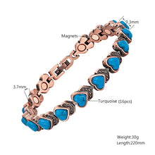 Load image into Gallery viewer, Specs of the blue hearted copper magnetic bracelet
