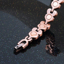 Load image into Gallery viewer, Inside of the copper bracelet with blue stones you will see neodymium magnets.
