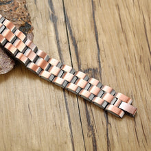 Load image into Gallery viewer, Double Row Linked Copper Bracelet close up unclasped
