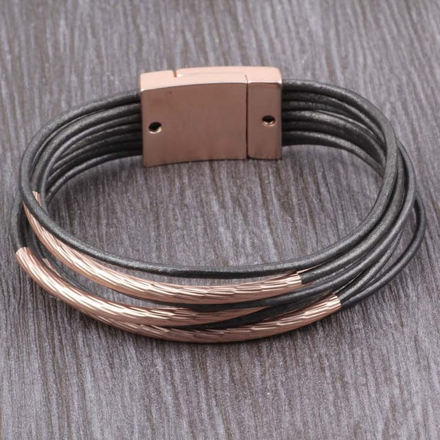 Multilevel Copper Tube Leather Rope Magnetic Buckle Bracelet